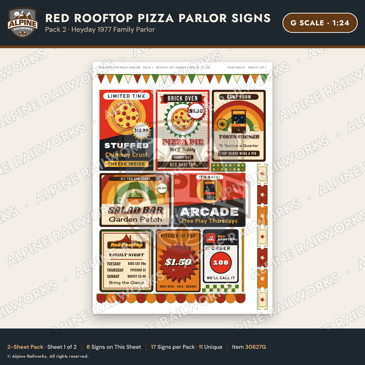 Alpine Railworks 30627G G Scale Restaurant Signs - Pizza Parlor