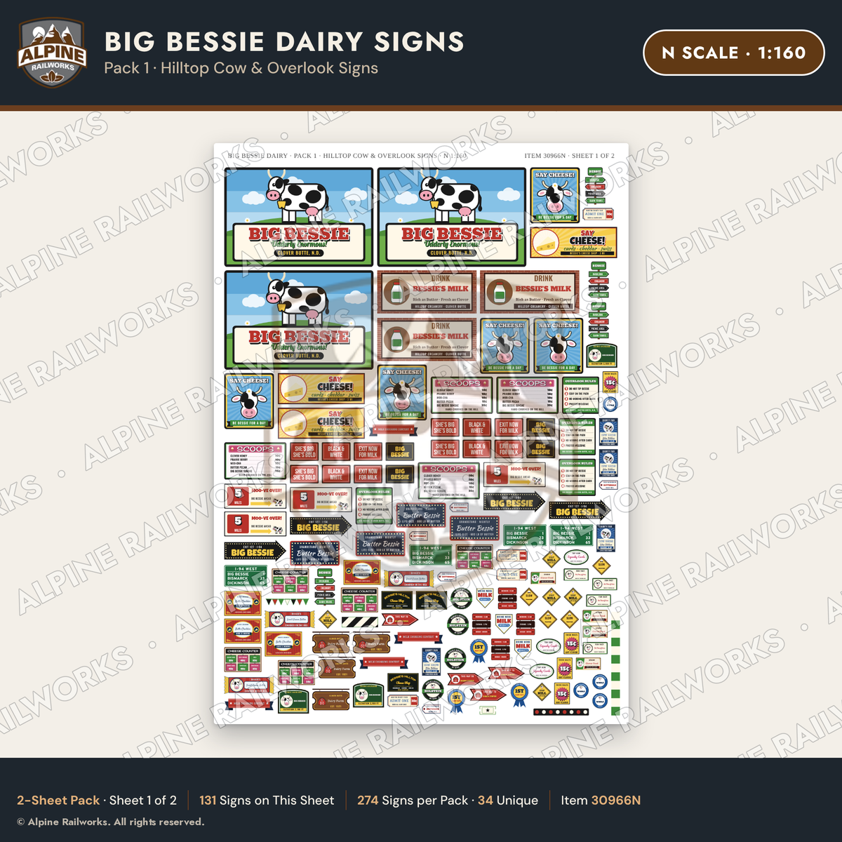 Alpine Railworks 30966N N Scale Roadside Signs - Giant Cow Dairy