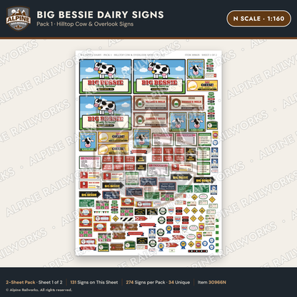 Alpine Railworks 30966N N Scale Roadside Signs - Giant Cow Dairy