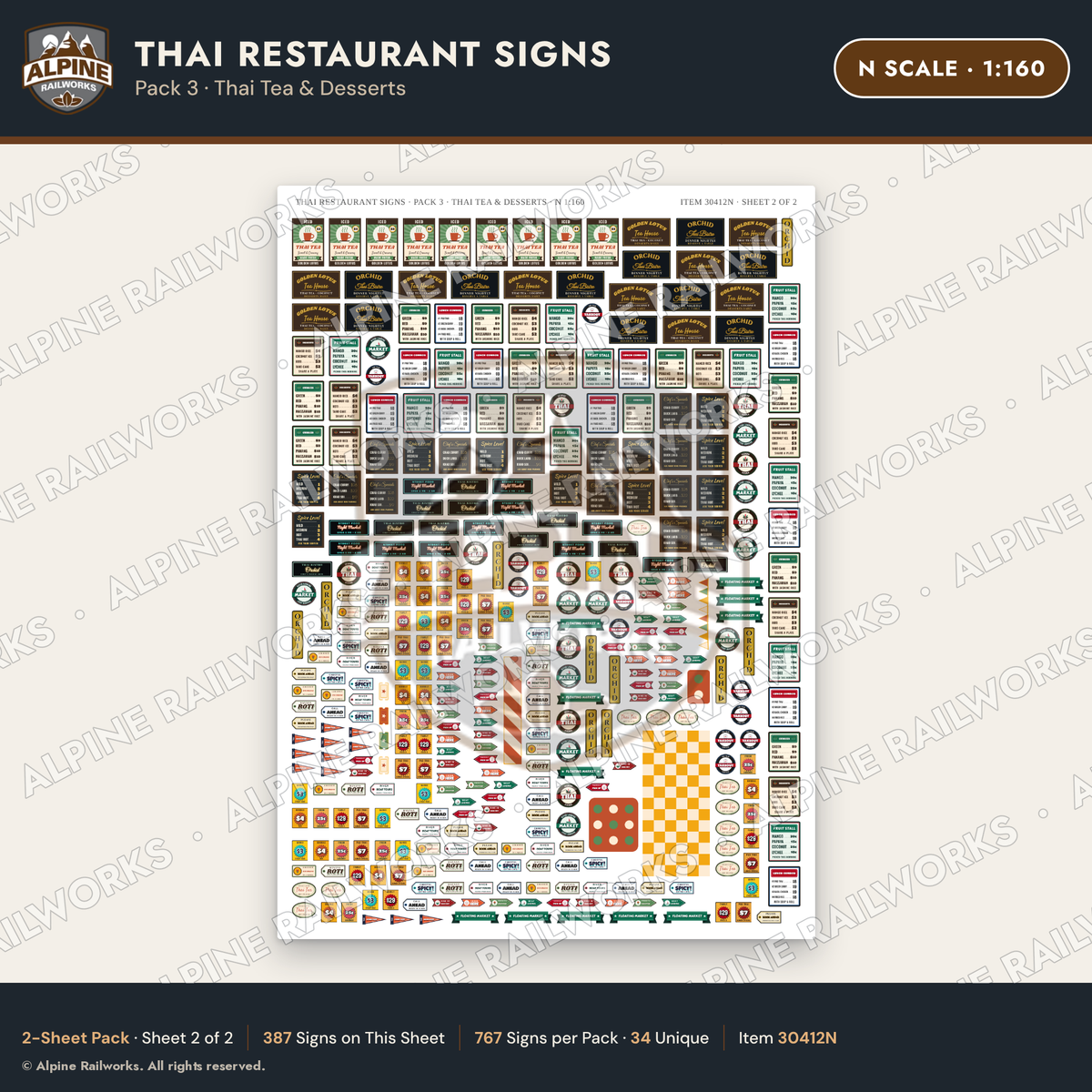 Alpine Railworks 30412N N Scale Thai Restaurant Signs - Thai Tea