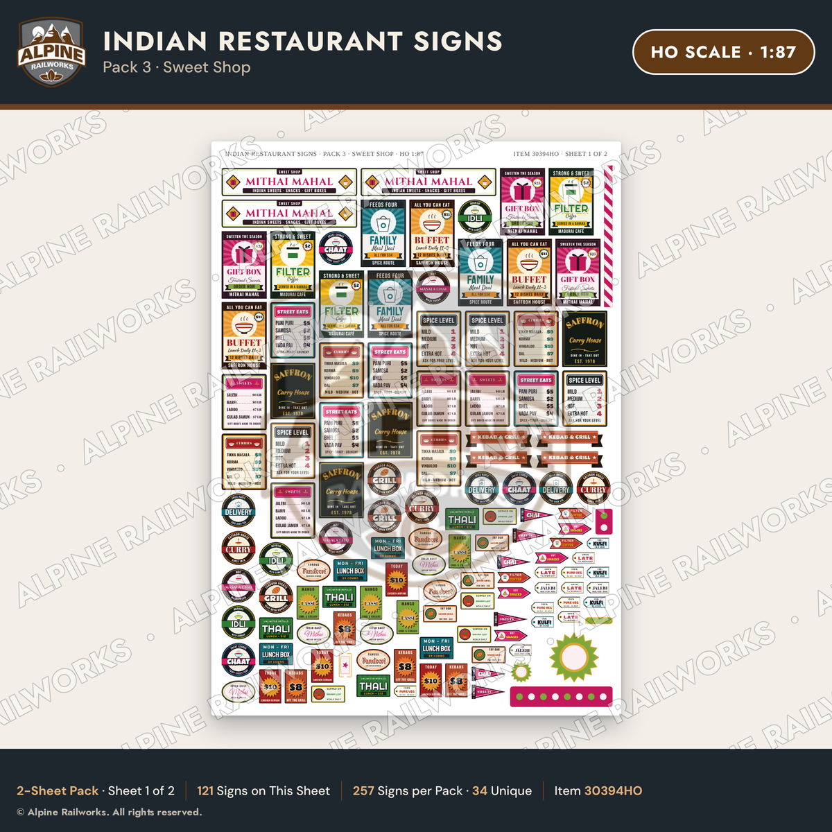 Alpine Railworks 30394HO HO Scale Indian Restaurant Signs - Sweet Shop