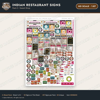 Alpine Railworks 30394HO HO Scale Indian Restaurant Signs - Sweet Shop