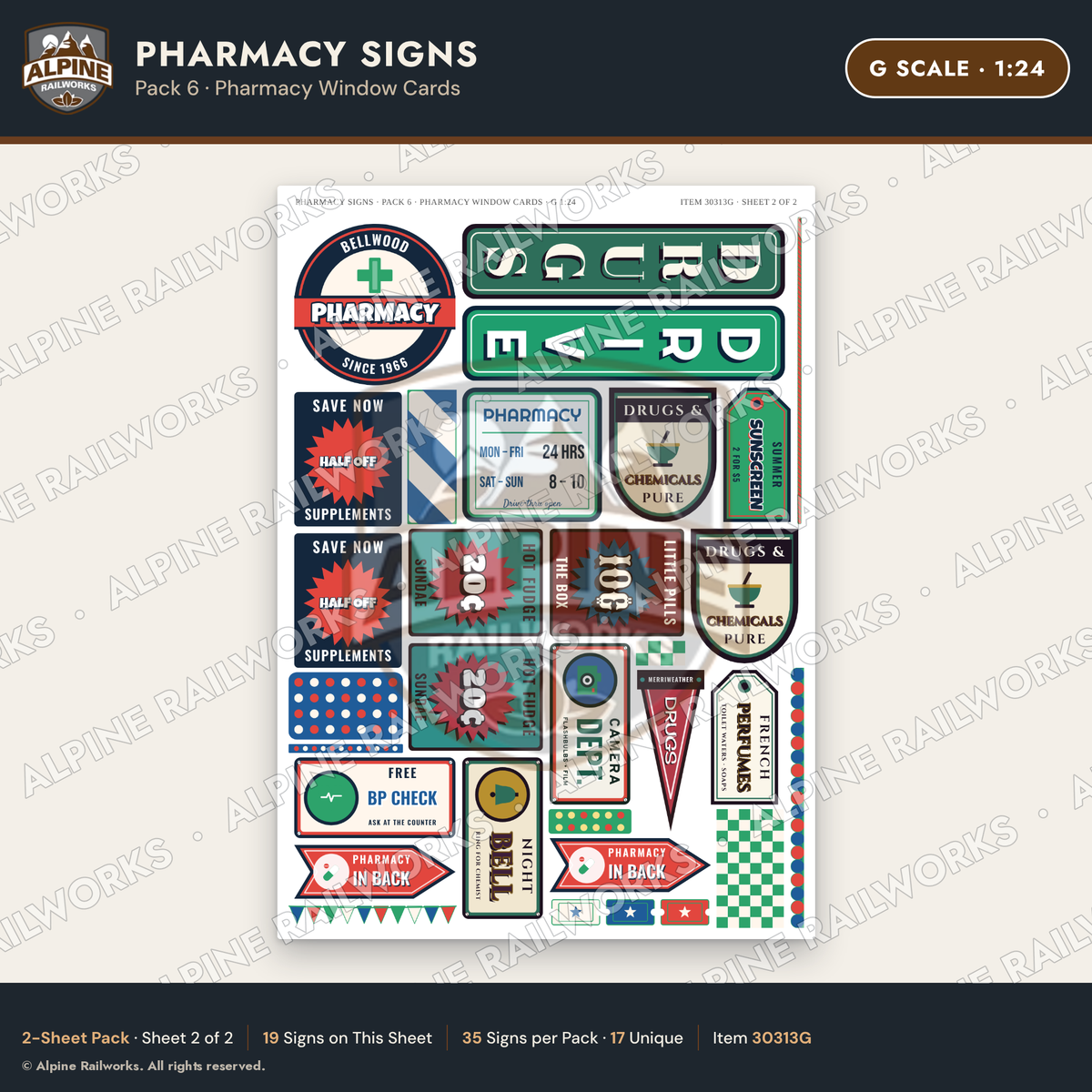 Alpine Railworks 30313G G Scale Pharmacy Signs - Pharmacy Window Cards