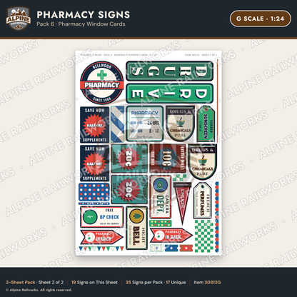 Alpine Railworks 30313G G Scale Pharmacy Signs - Pharmacy Window Cards