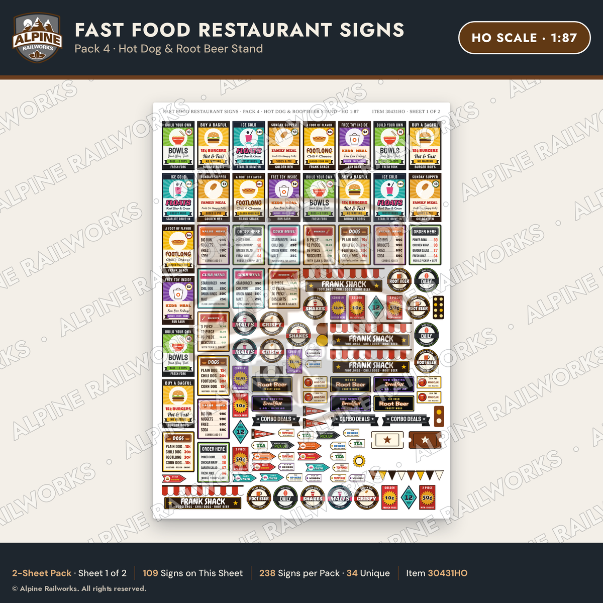 Alpine Railworks 30431HO HO Scale Fast Food Restaurant Signs - Hot Dog