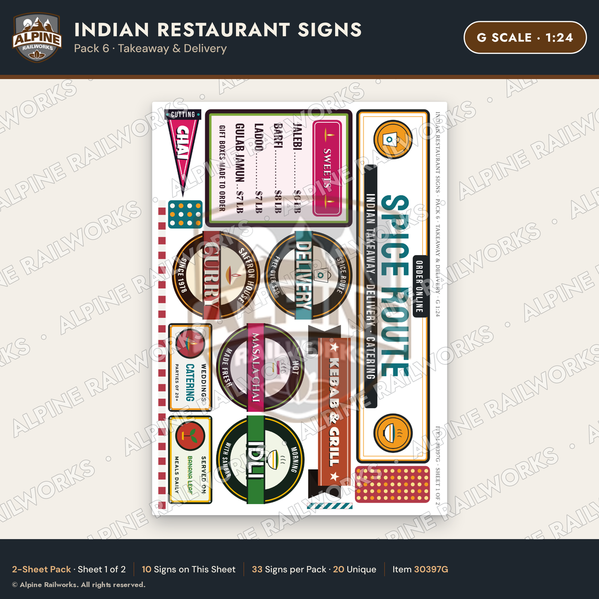 Alpine Railworks 30397G G Scale Indian Restaurant Signs - Takeaway