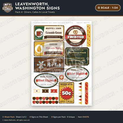 Alpine Railworks 31437G G Scale Leavenworth WA Signs - Diners & Cafes
