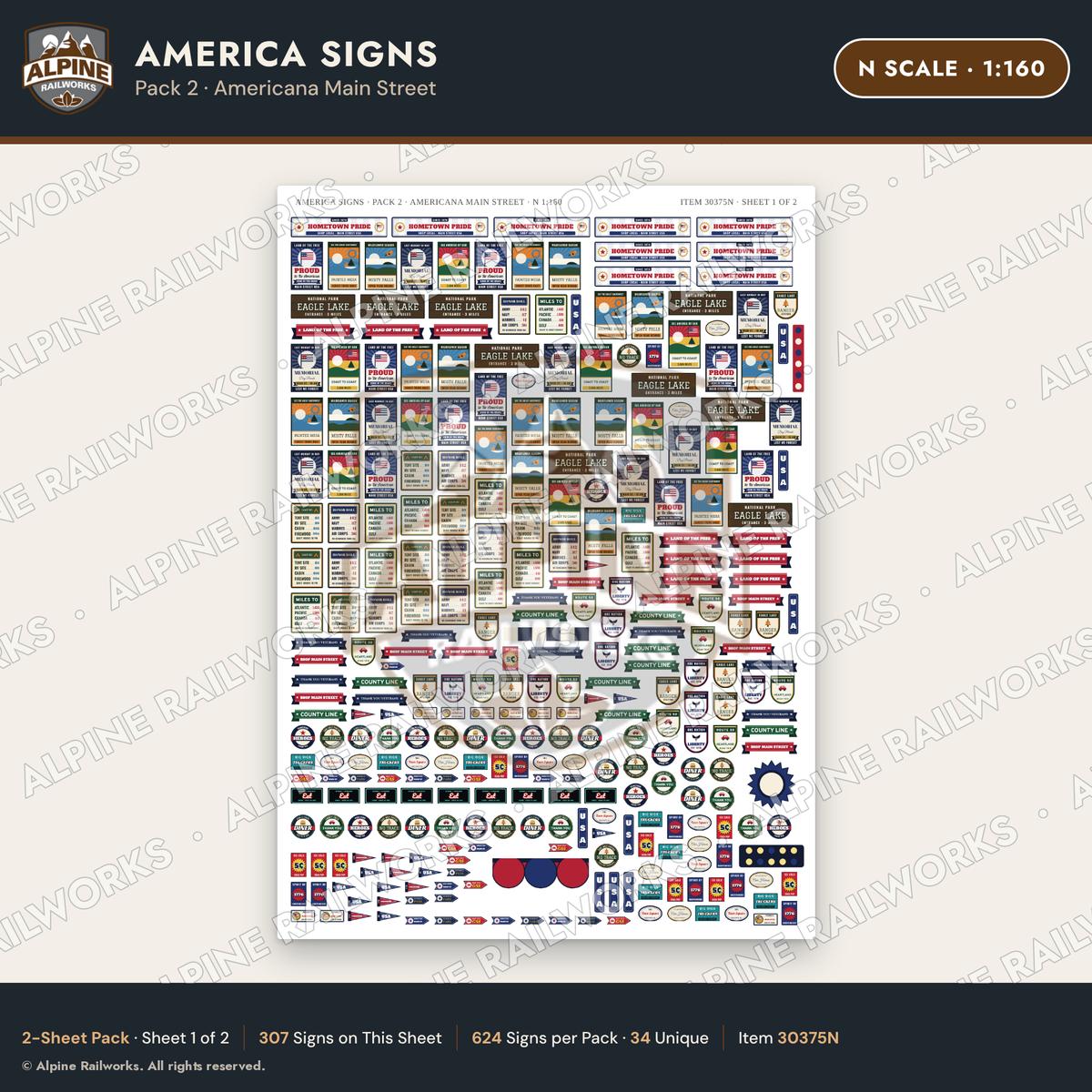 Alpine Railworks 30375N N Scale America Signs - Americana Main Street