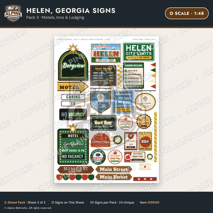 Alpine Railworks 31304O O Scale Helen GA Signs - Motels & Inns