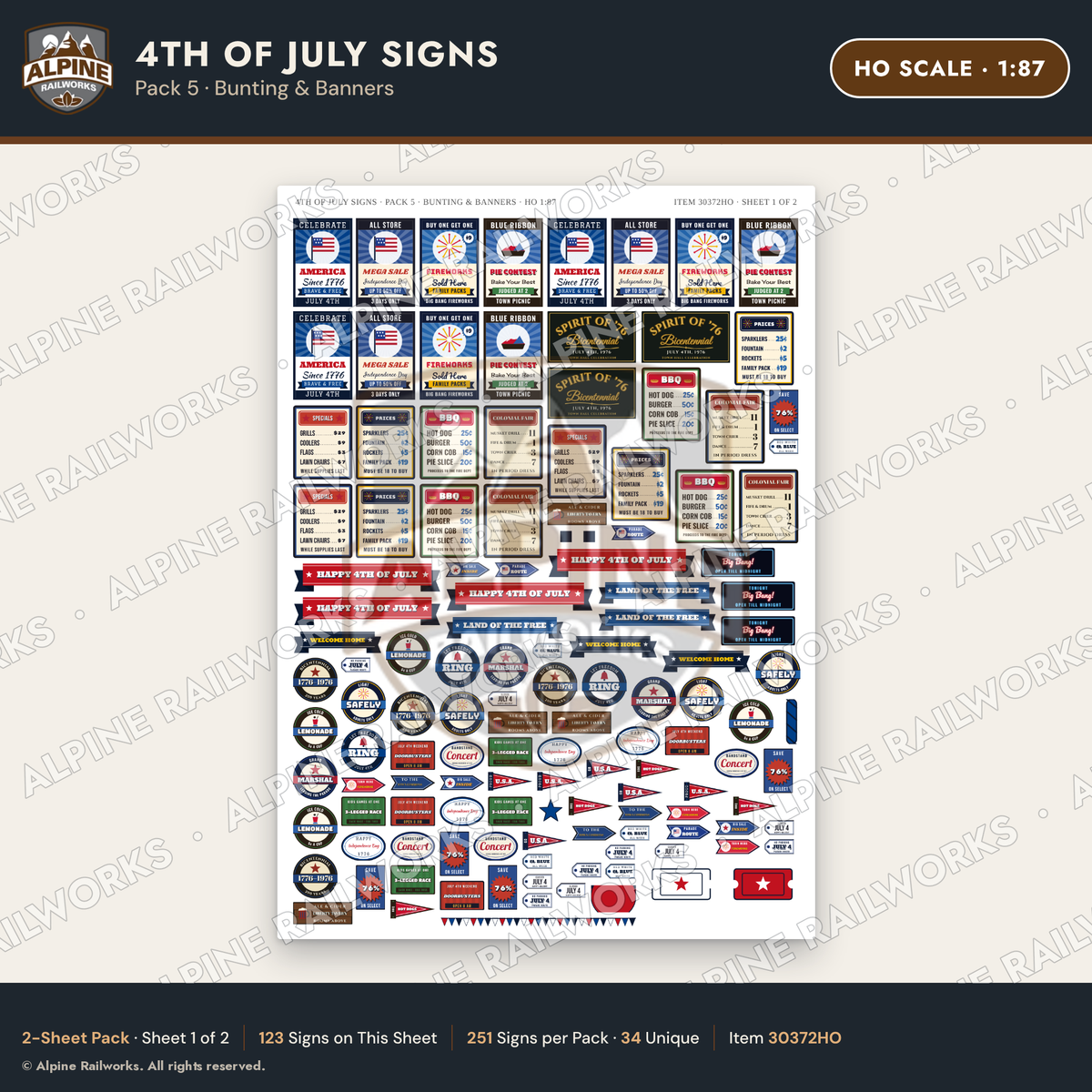 Alpine Railworks 30372HO HO Scale 4th of July Signs - Bunting