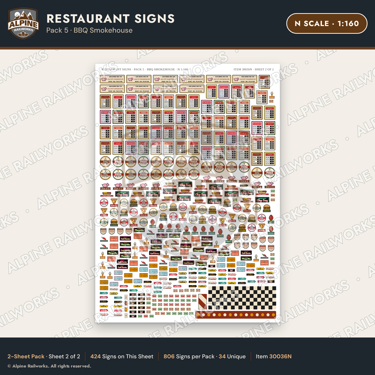 Alpine Railworks 30036N N Scale Restaurant Signs - BBQ Smokehouse