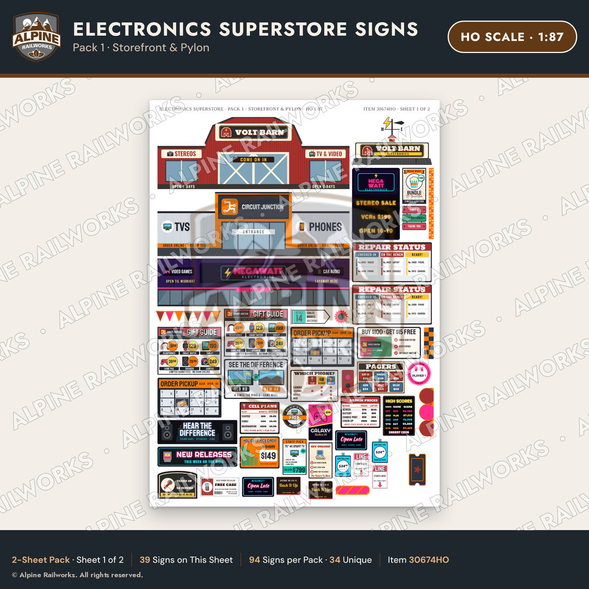 Alpine Railworks 30674HO HO Scale Electronics Superstore Signs