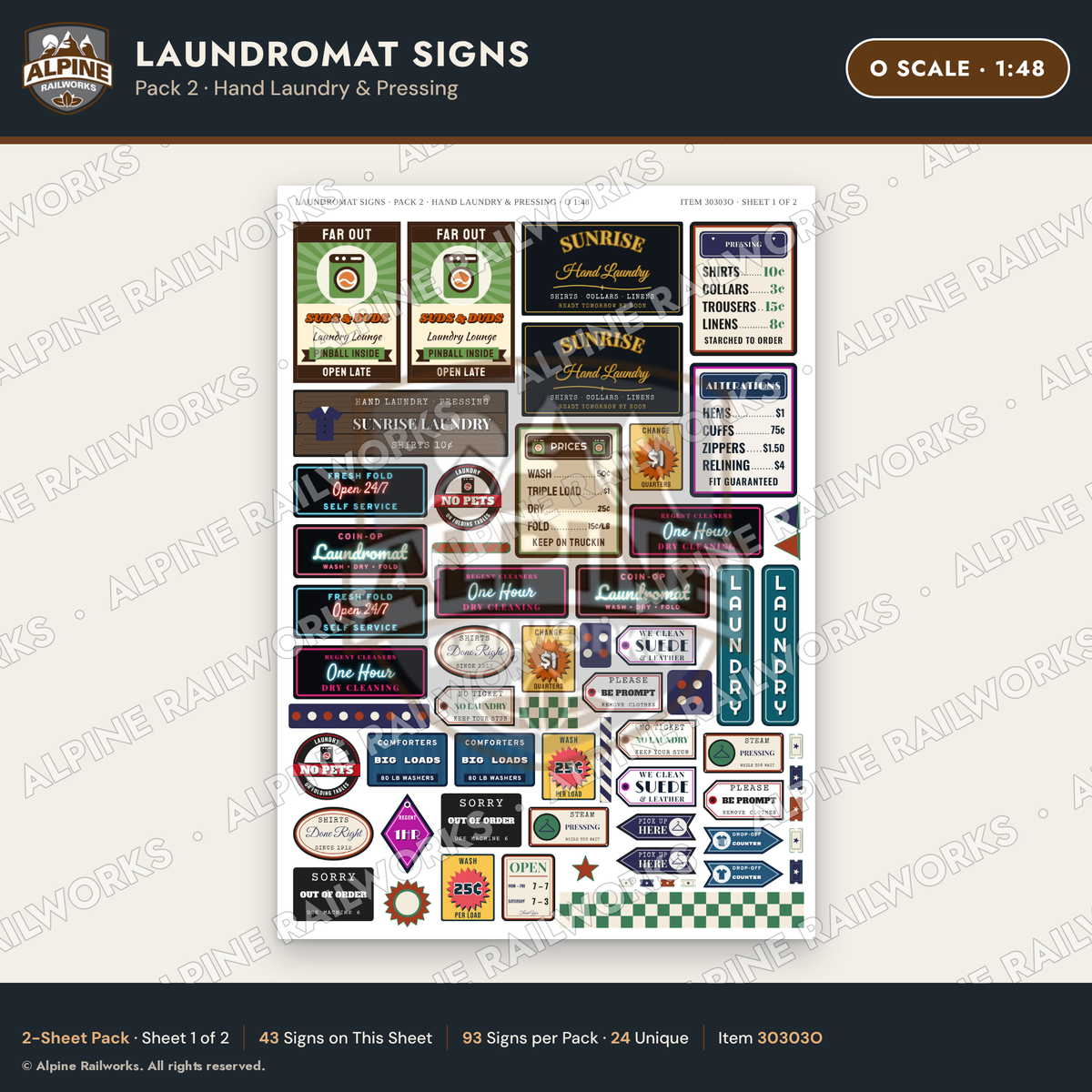 Alpine Railworks 30303O O Scale Laundromat Signs - Hand Laundry