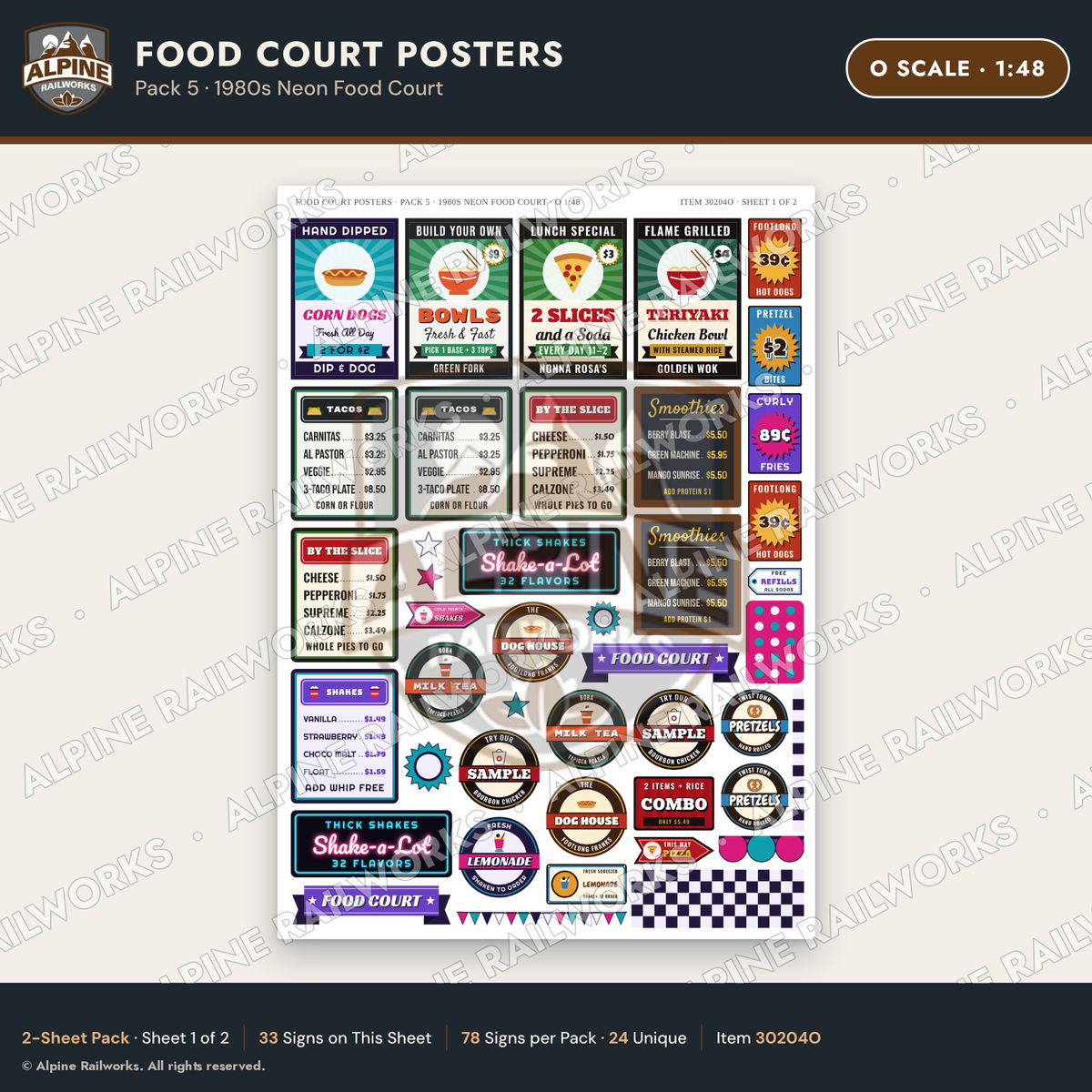 Alpine Railworks 30204O O Scale Food Court Posters - Neon Food Court