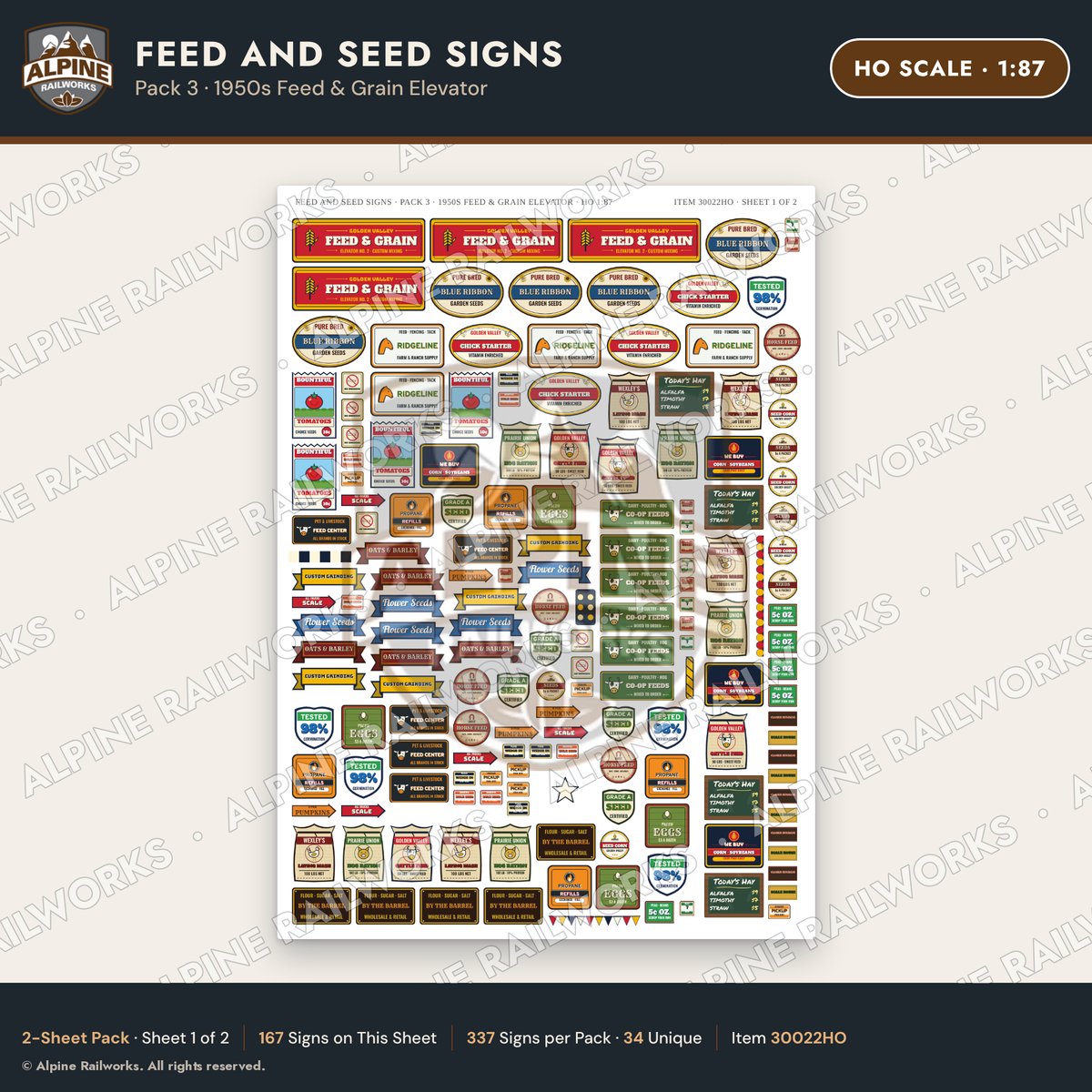 Alpine Railworks 30022HO HO Scale Feed and Seed Signs - 1950s Feed