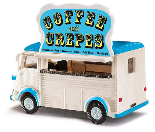 Busch 41926 HO Scale 1958 Citroen H Cargo Van with Concession Window and Signs - Assembled -- Coffee and Crepes (white, blue, German Lettering)