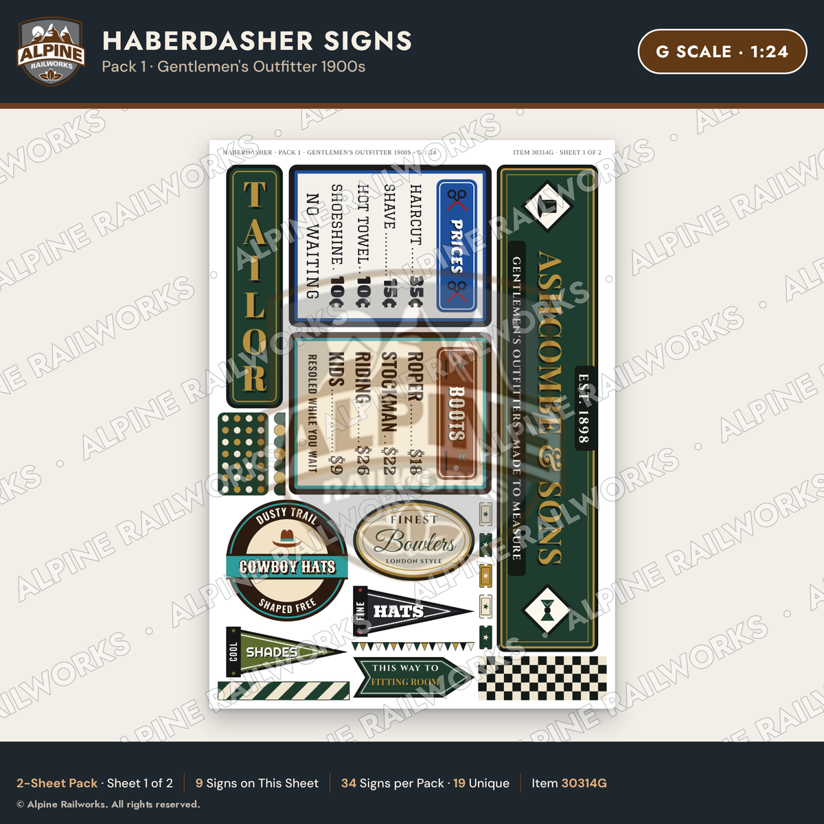 Alpine Railworks 30314G G Scale Haberdasher Signs