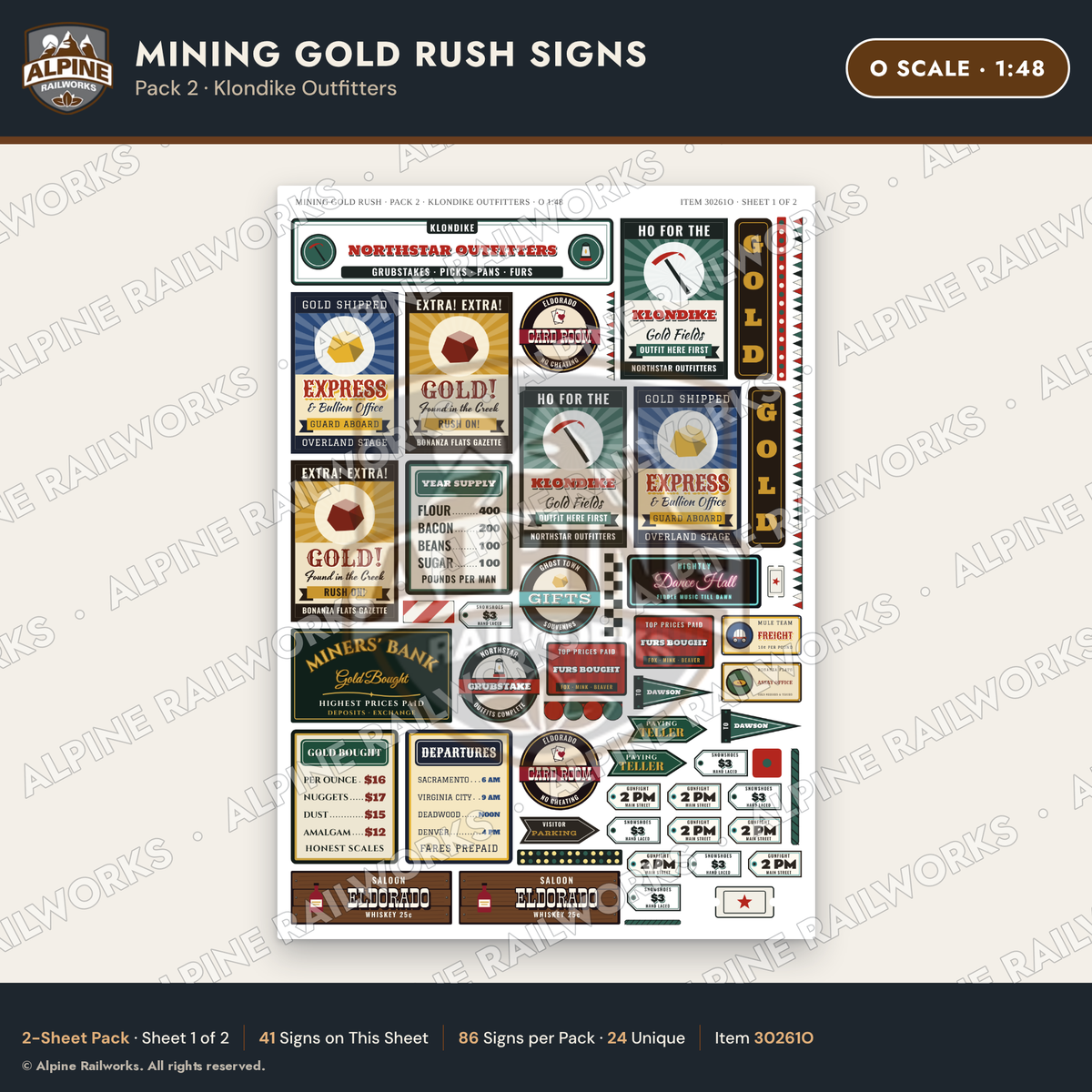 Alpine Railworks 30261O O Scale Mining Gold Rush Signs