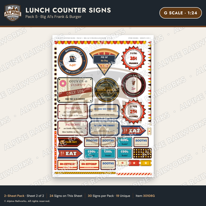 Alpine Railworks 30108G G Scale Lunch Counter Signs - Big Al's Frank