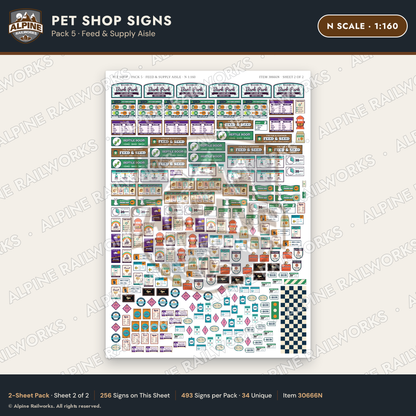 Alpine Railworks 30666N N Scale Pet Shop Signs - Feed & Supply Aisle