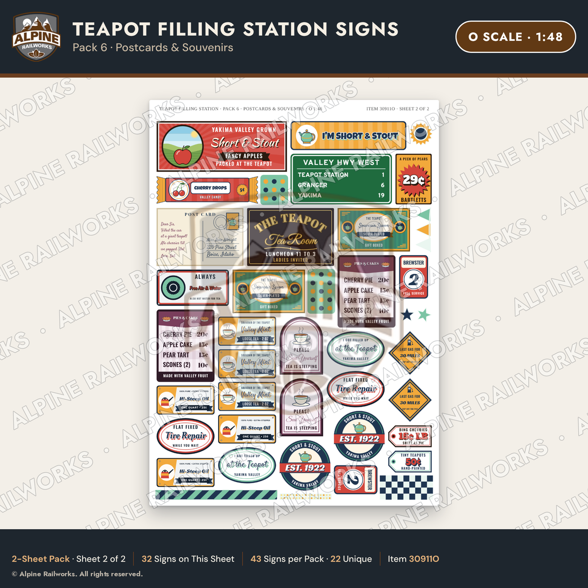 Alpine Railworks 30911O O Scale Roadside Signs - Teapot Gas Station