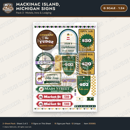 Alpine Railworks 31358G G Scale Mackinac Island Signs - Motels & Inns