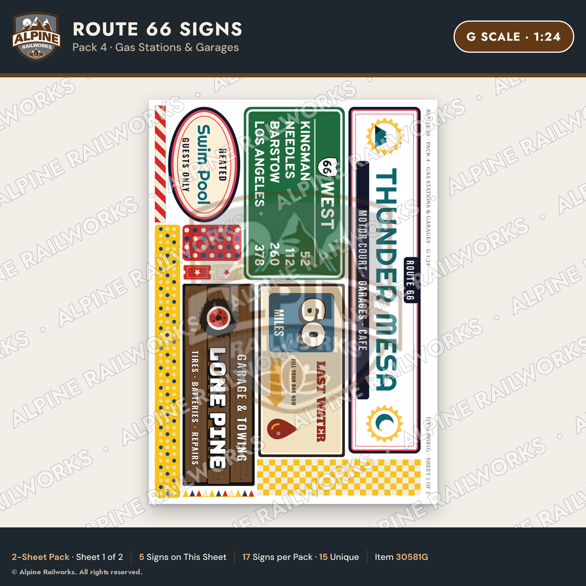 Alpine Railworks 30581G G Scale Route 66 Highway Signs - Gas Stations