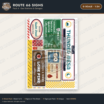 Alpine Railworks 30581G G Scale Route 66 Highway Signs - Gas Stations