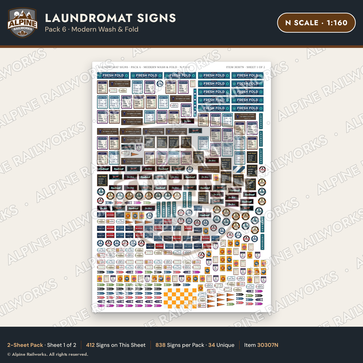 Alpine Railworks 30307N N Scale Laundromat Signs - Modern Wash & Fold