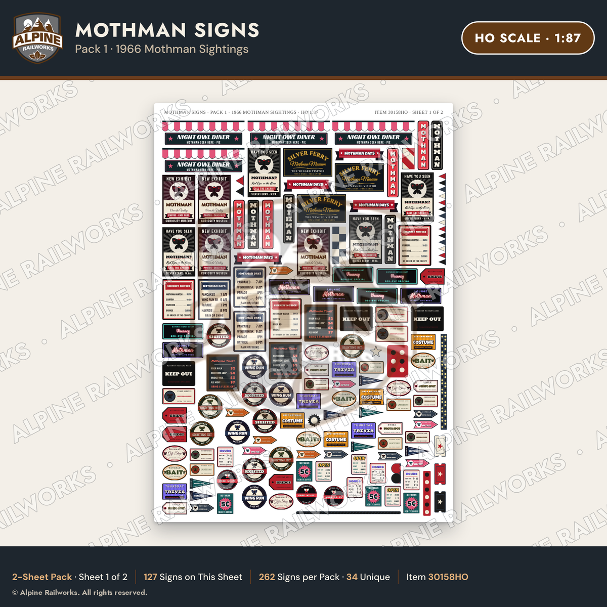 Alpine Railworks 30158HO HO Scale Mothman Signs - Mothman Sightings