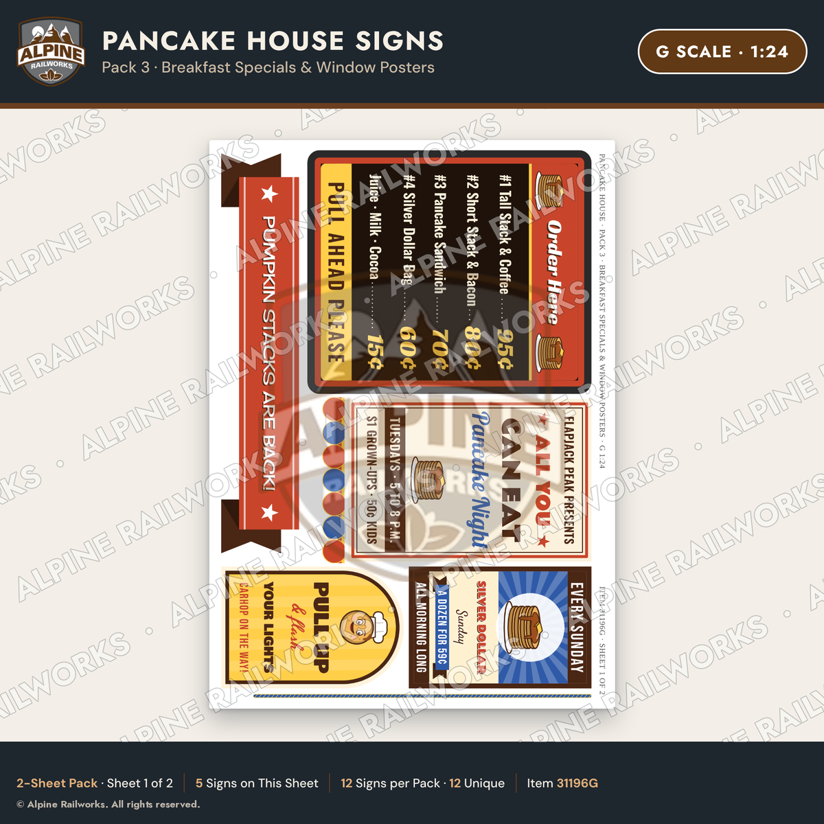 Alpine Railworks 31196G G Scale Pancake House Signs - Specials