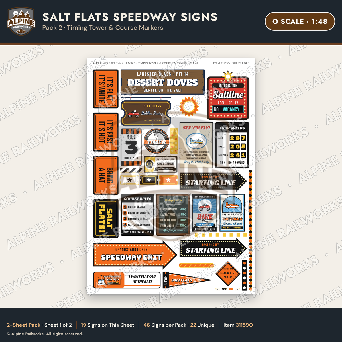 Alpine Railworks 31159O O Scale Racing Signs - Salt Flats Speedway