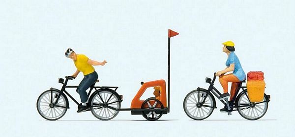 Preiser 10636 HO Scale Family Ride Mother Father Toddler 2 Bikes & Baby Trailer