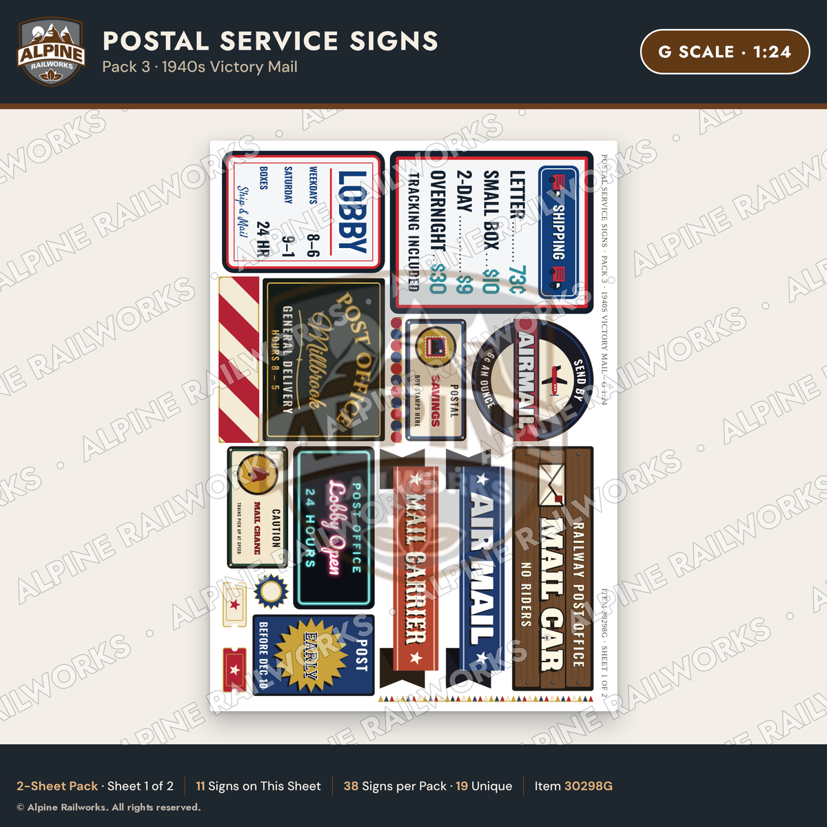 Alpine Railworks 30298G G Scale Postal Service Signs - Victory Mail