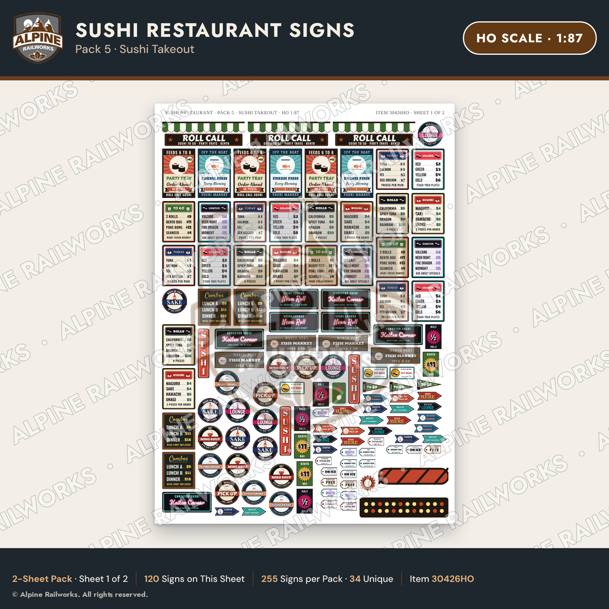 Alpine Railworks 30426HO HO Scale Sushi Restaurant Signs