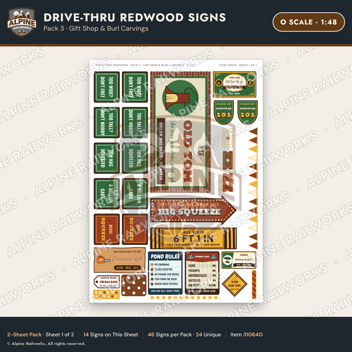 Alpine Railworks 31064O O Scale Roadside Signs - Drive-Thru Tree