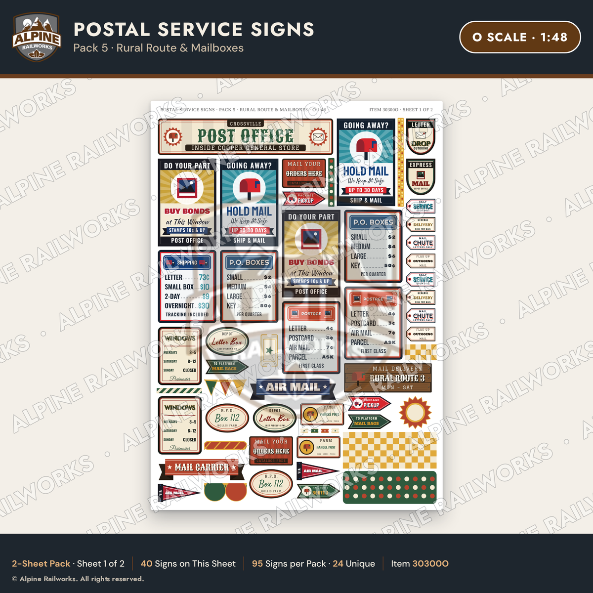 Alpine Railworks 30300O O Scale Postal Service Signs - Rural Route