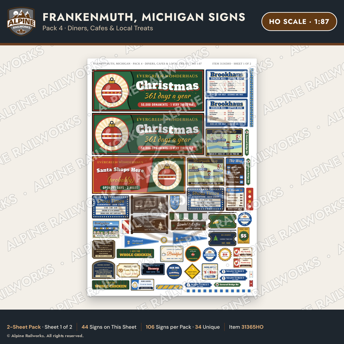 Alpine Railworks 31365HO HO Scale Frankenmuth MI Signs - Diners