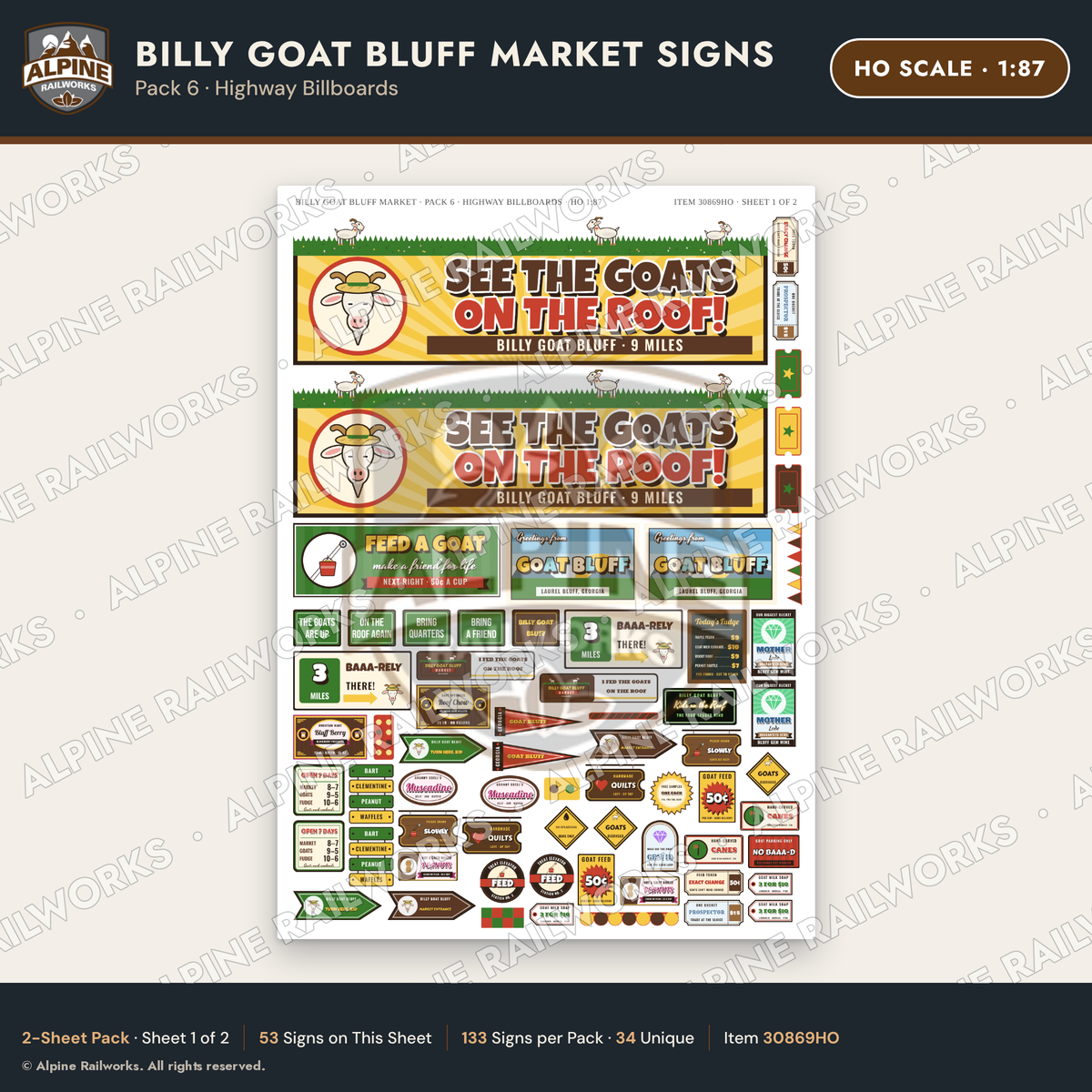 Alpine Railworks 30869HO HO Scale Roadside Signs - Goats on the Roof