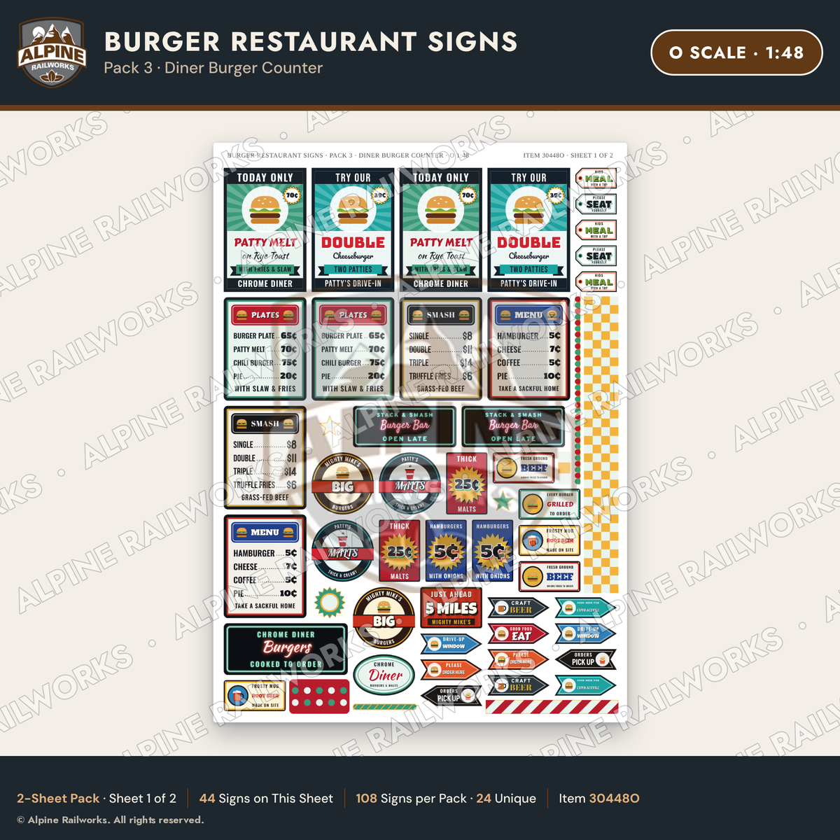 Alpine Railworks 30448O O Scale Burger Restaurant Signs