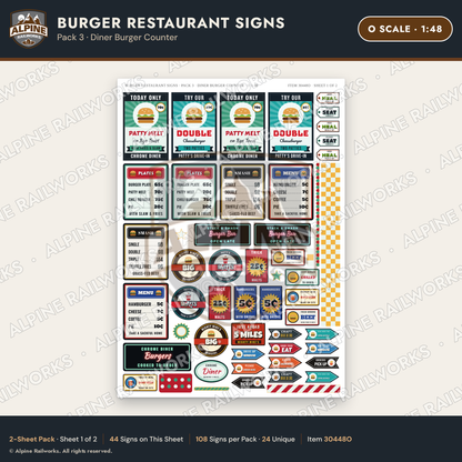 Alpine Railworks 30448O O Scale Burger Restaurant Signs
