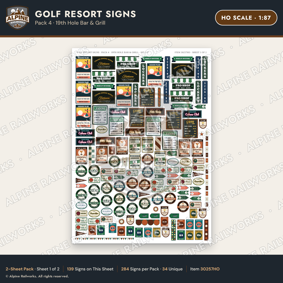 Alpine Railworks 30257HO HO Scale Golf Resort Signs - 19th Hole Bar