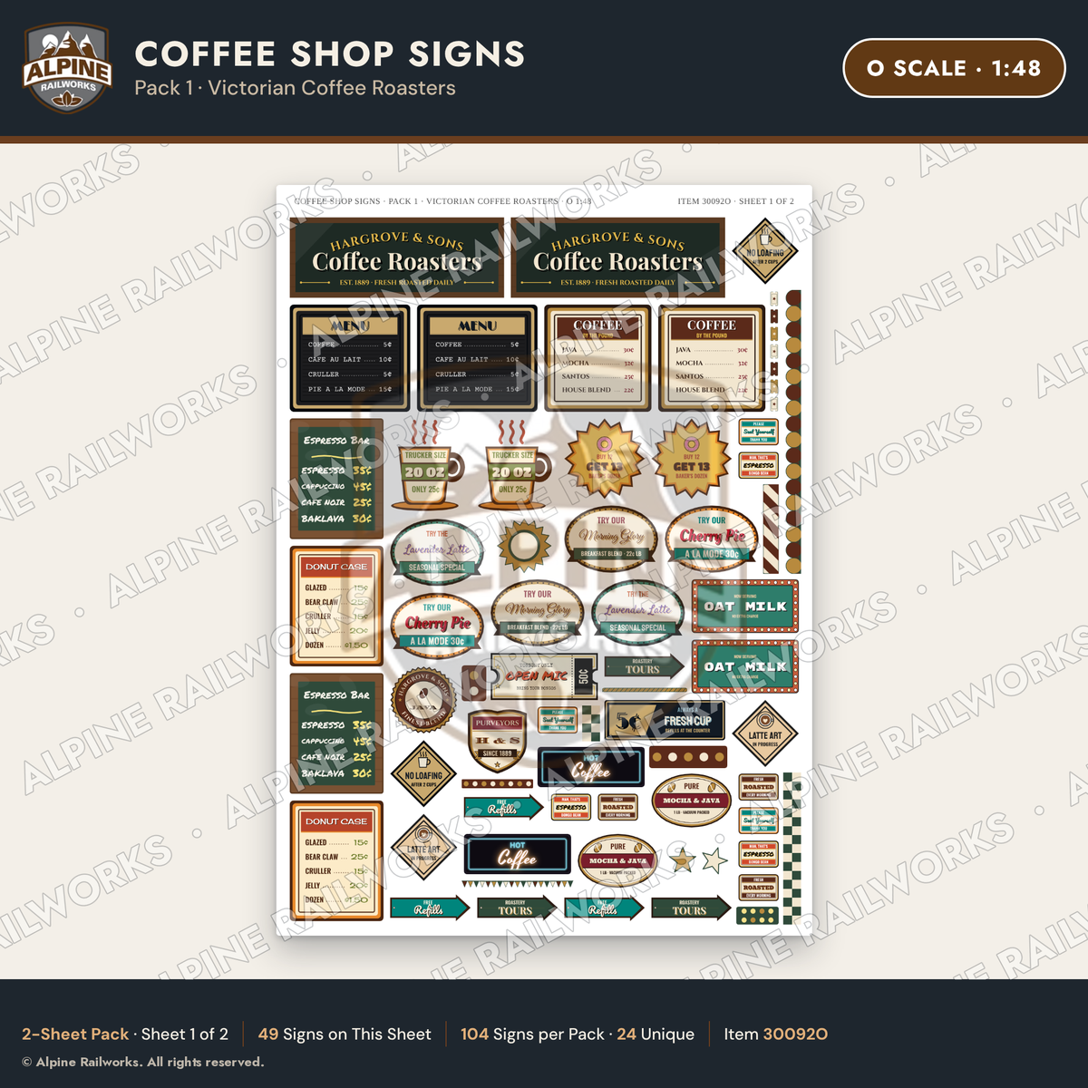 Alpine Railworks 30092O O Scale Coffee Shop Signs