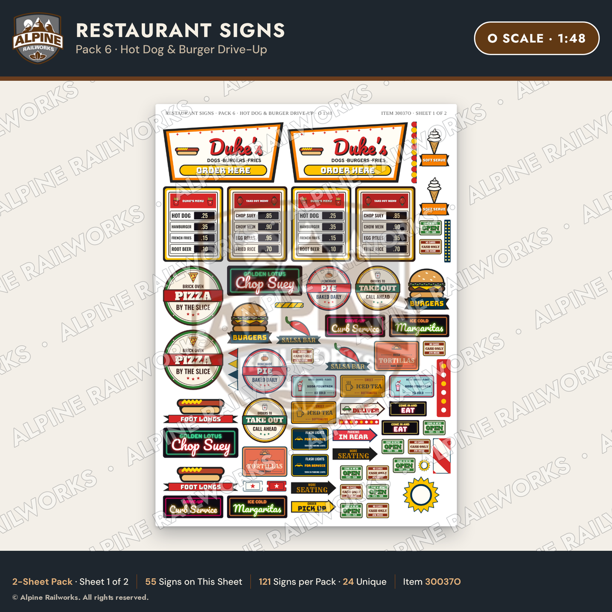 Alpine Railworks 30037O O Scale Restaurant Signs - Hot Dog