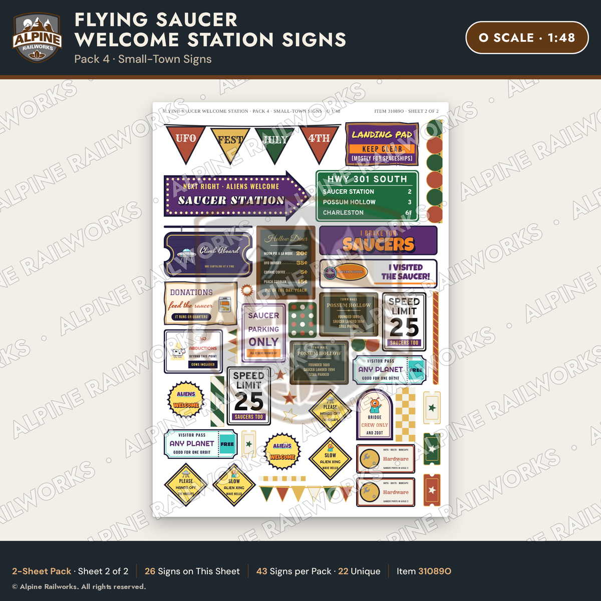 Alpine Railworks 31089O O Scale Roadside Signs - UFO Welcome Center