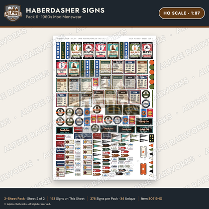 Alpine Railworks 30319HO HO Scale Haberdasher Signs - Mod Menswear