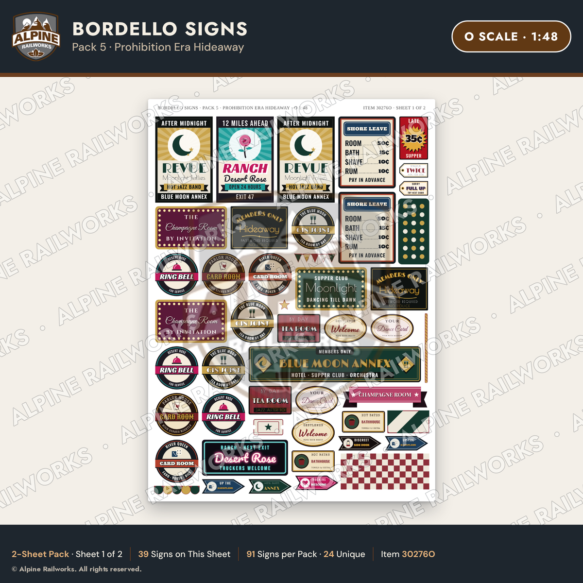 Alpine Railworks 30276O O Scale Bordello Signs