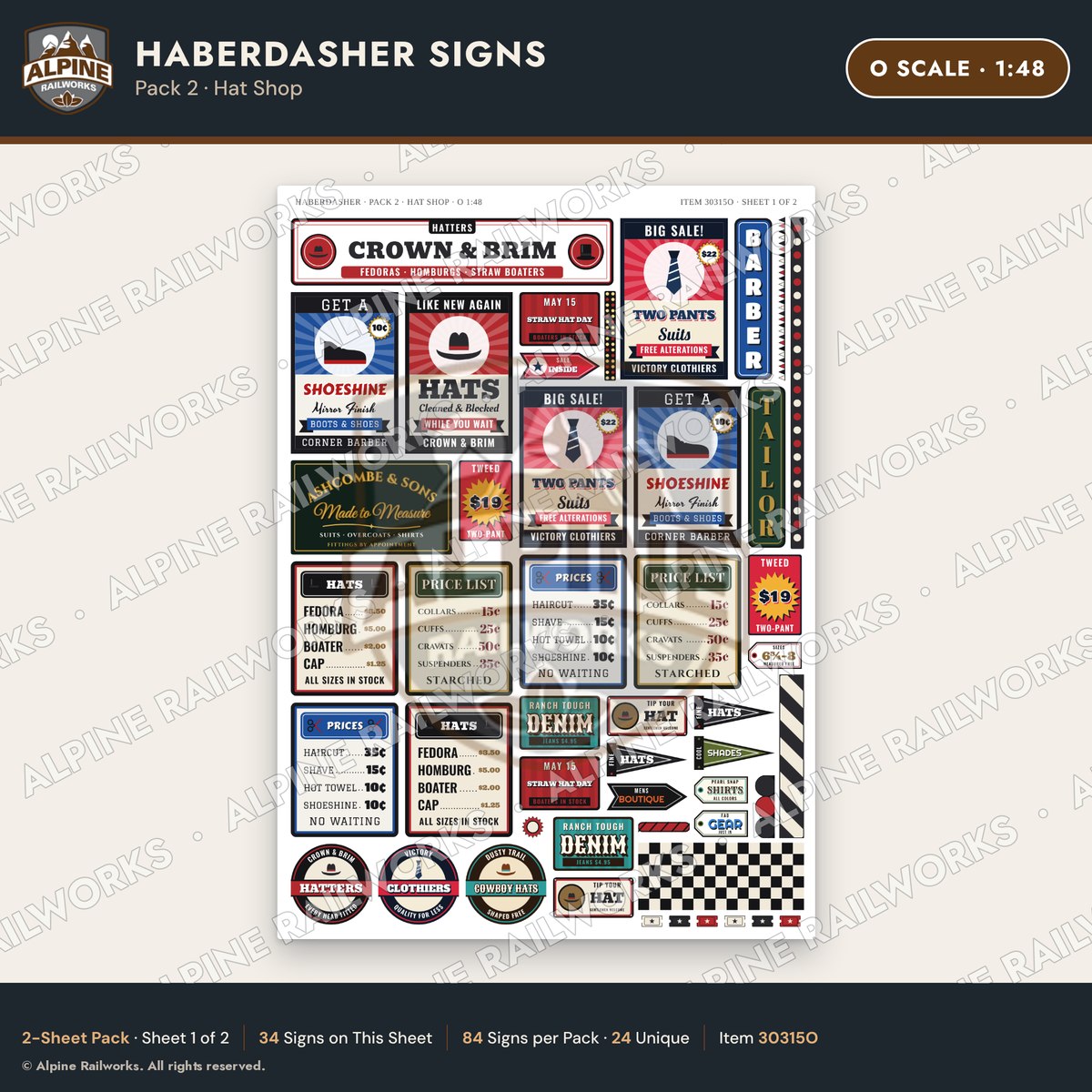 Alpine Railworks 30315O O Scale Haberdasher Signs - Hat Shop