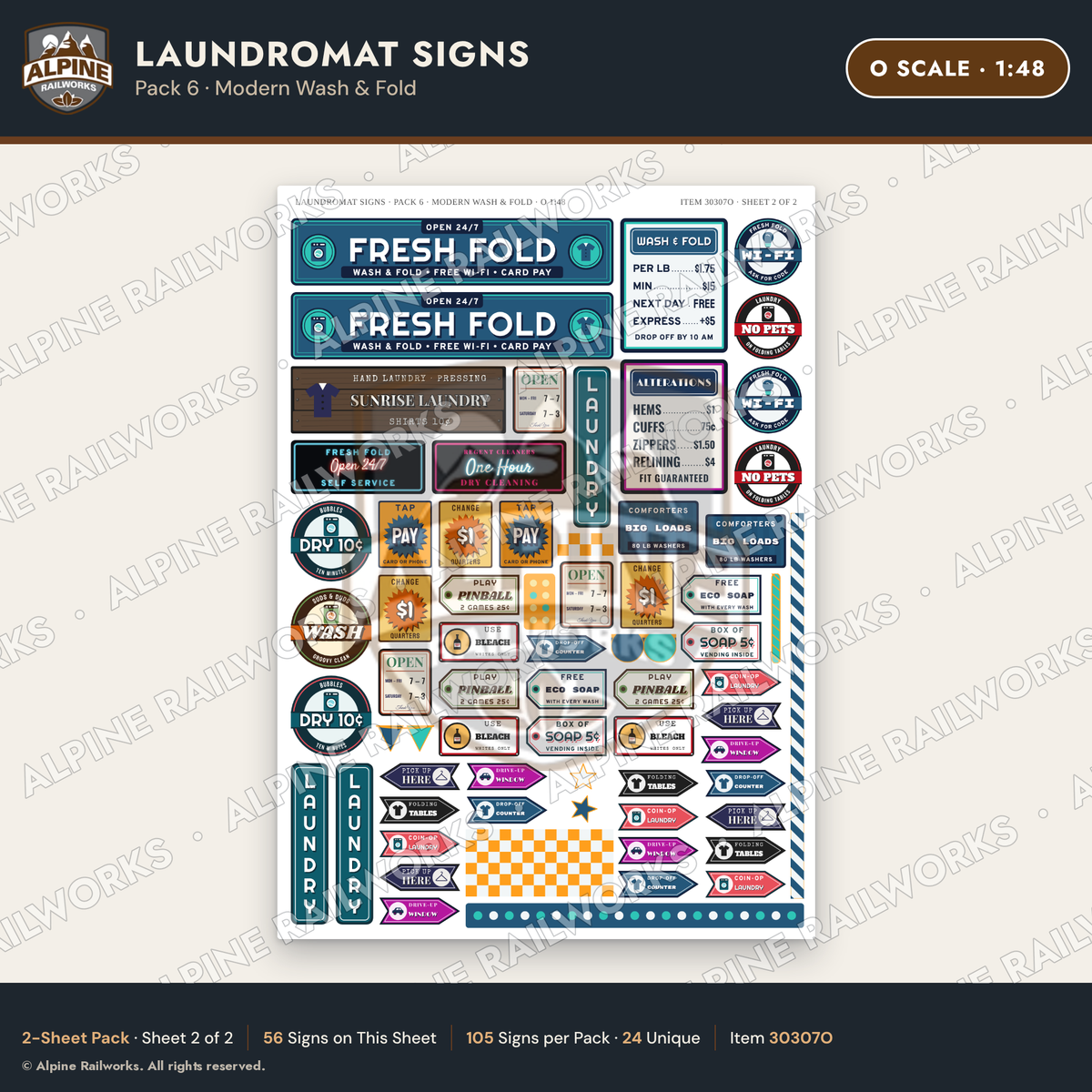 Alpine Railworks 30307O O Scale Laundromat Signs - Modern Wash & Fold