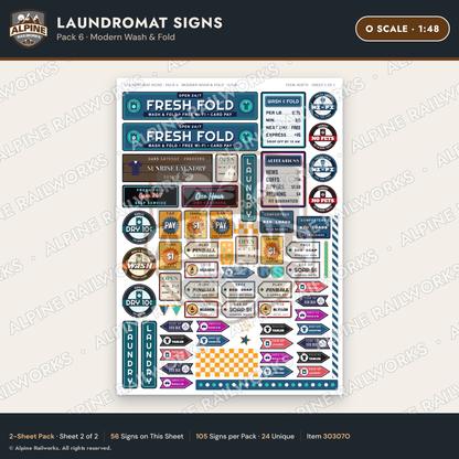 Alpine Railworks 30307O O Scale Laundromat Signs - Modern Wash & Fold